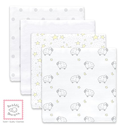 SwaddleDesigns Set of 4 Muslin Swaddle Blankets, Twinkle & Little Lamb - Pastel Yellow