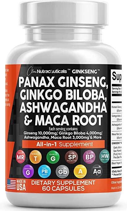 Panax Ginseng 10000mg Ginkgo Biloba 4000mg Ashwagandha Maca Root 3000mg - Focus Pills & Brain Supplement for Women and Men with Pine Bark Extract, Garlic, and Saw Palmetto - Made in USA 60 Caps