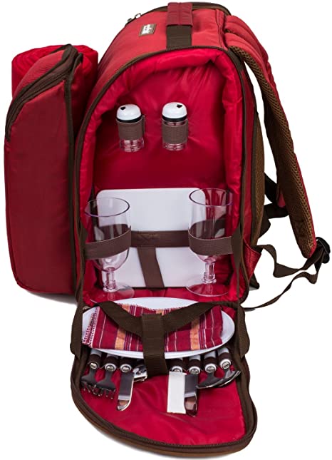 apollo walker 2 Person Red Picnic Backpack with Cooler Compartment Includes Tableware & Fleece Blanket 45"x53"(red)