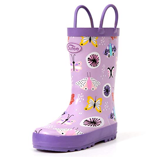 Outee Toddler Kids Rain Boots Rubber Cute Printed with Easy-On Handles