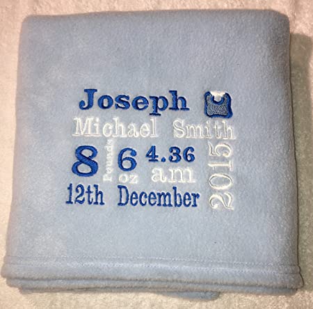 Personalised Baby Birth Gift Blanket Keepsake Birth Details boy Girl Pink Blue White Lemon Baby Gift (Blue)