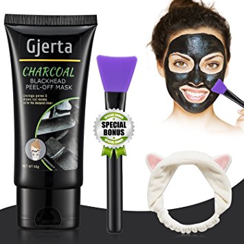 Gjerta Blackhead Remover Mask, 50ml/2.11oz Activated Bamboo Charcoal Peel-off Facial Mask for Acne and Blemishes, Deep Cleansing Black Mask with Facial Brush Headband(60g)