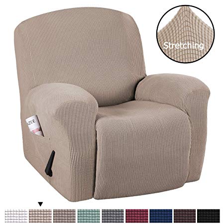 1-Piece Furniture Cover Ultra Stretch Lycra Jacquard Slipcovers Sofa Covers Furniture Protector with Elastic Bottom, Anti-Slip Foams Attached Couch Shield Recliner Sofa Cover (Recliner, Sand)