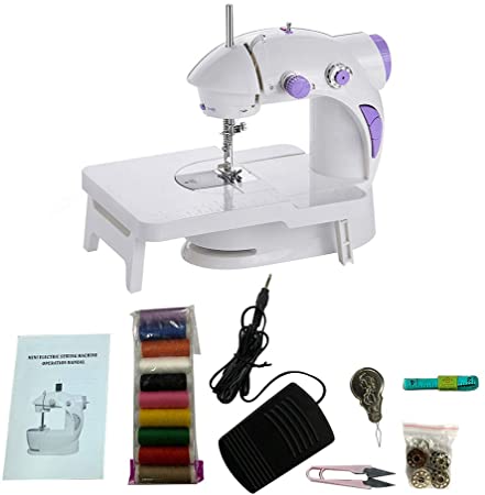 Autoshop Upgrade Version Portable Mini Electric Sewing Machine with Extension Table 2-Speed Adjustable Sewing Kit Foot Pedal Mending Stitching Machine for Household Kids Beginners Travel Use