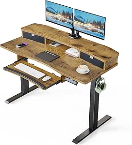 HUANUO 48" x 26" Electric Standing Desk with 2 Drawers & 26.7" Large Keyboard Tray, C-Clamp Mount Compatible, Adjustable Computer Desk for Home Office, Stand Up Desk with 4 Height Presets, Vintage