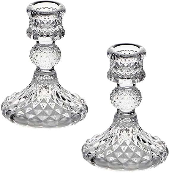 Taper Candle Holders Set of 2, Yeeco Clear Glass Candlestick Holder Fit 0.8 Inch Candles, 4 Inch Tall Crystal Decorative Candle Stand Centerpiece for Table Wedding Dinning Party