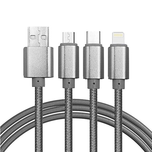 Multi USB cable, 4ft /1.24m Nylon braided 3 in 1 USB charging cable adapter plug with 8 pin Lightning / Type C / Micro USB connector for iPhone 7,6s, 6, 6 Plus, 5 / 5S / 5C, Galaxy S2, 3, 4, Nexus 6P, 5X and more smartphones(Silver)