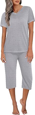 Ekouaer Women's Sleepwear Capri Pajama Sets Short Sleeve Two-Piece Pjs V Neck Tops & Capri Pants with Pockets S-3XL