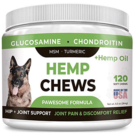 Pawesome Hemp   Glucosamine for Dogs - Hip & Joint Supplement - w/Hemp Oil   Protein - Chondroitin, MSM, Turmeric to Improve Mobility & Energy - Natural Arthritis Pain Relief, 120 Soft Chews