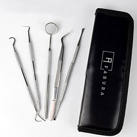 Fabura Dental Hygiene Kit - 5pcs Dentist Tools Anti-Fog Mirror Dental Scaler Tarter Scraper Dental Pick Dental Tweezers For Calculus Tartar Removal Gum Health Teeth Cleaning