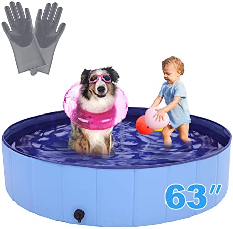 RQN Foldable Dog Pool for Outdoor Backyard,Portable Pet Pool for Kid Baby Pet Dog Cat with Gloves
