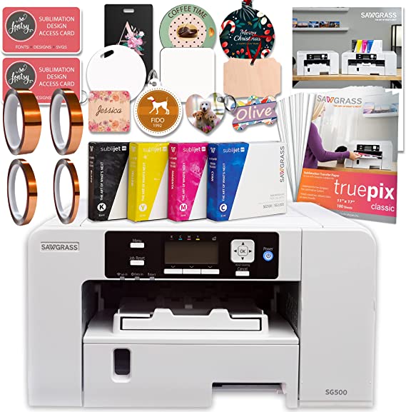 Sawgrass UHD Virtuoso SG500 Sublimation Printer Starter Bundle with Inks,Sublimation Paper,Tape,Blanks,Designs and Access to Exclusive Content,White