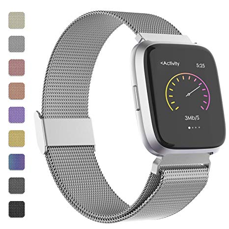 iGK Metal Replacement Bands Compatible for Fitbit Versa/Versa Lite Edition/Versa 2, Stainless Steel Loop Metal Mesh Bracelet Unique Magnet Lock Wristbands