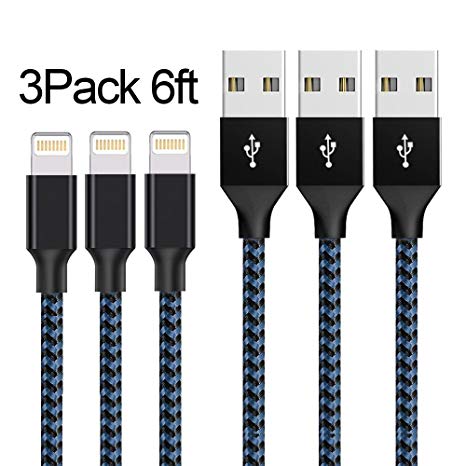 Lightning Cable,AOFU iPhone cable 3Pack 3x6FT 10FT to USB Syncing and iPhone Charger Data Nylon Braided Cord Charger for iPhoneX/8Plus/8/7/7Plus/6/6Plus/6s/6sPlus/5/5s/5c/SE and more-Black&Blue