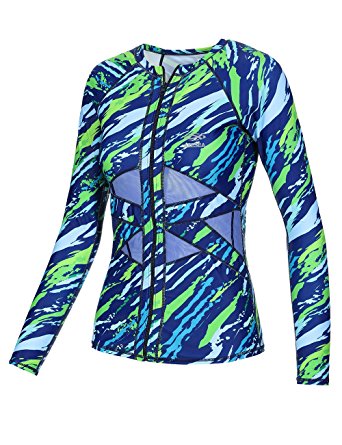 Axesea Women Long Sleeve Rashguard UPF 50  UV Sun Protection Zip Front Swimsuit Shirt Printed Surfing Shirt Top 3color/6sizes