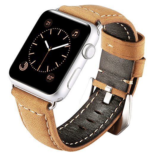 Maxjoy for Apple Watch Band - 42mm iWatch Bands Leather Strap Replacement Smart Watch Bracelet Wristband with Stainless Steel Clasp Metal Adapter for Apple Watch Series 2 / 1 / Sport Edition, Camel