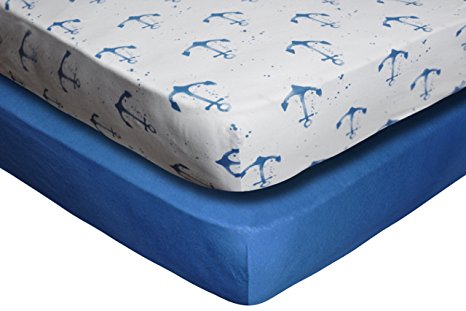 Crib Sheet Set by Upstreet: 100% Cotton Value Jersey Knit Fitted Portable Baby Crib Sheet, Boy, Blue, 2 Count