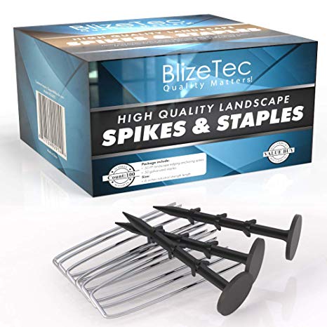 BlizeTec 100 Pack 6 Inche Heavy Duty Plastic Landscape Anchoring Spikes Nail and Galvanized Staples Pins; Gardening, Yard Fabric, Paver Edging, Weed Barrier and Turf Work Friendly