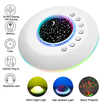 White Noise Machine Baby for Sleeping with Night Light/Starry Ambient Light, USB Portable Sound Machine for Kids, 20 Non-Looping HiFi Nature Sounds/Fan Baby Lullaby Sound Machine, Timer & Memory