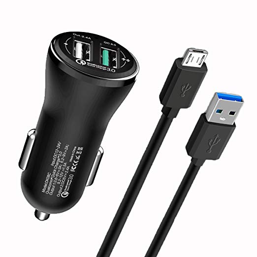 Quick Charge 3.0 Car Charger Dual USB Port Compatible for Samsung Galaxy J7/J6/J6 /J4/J3 Prime Pro,S7 Edge/S7,S6 Edge/S6 S5 S4,Note 5 4, LG Q6, Motorola Moto G5S/G5 Plus, 5Ft Micro USB Cable