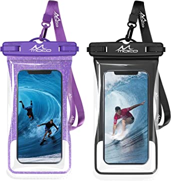 MoKo Waterproof Phone Pouch Holder 2-Pack, Floating Case Dry Bag with Lanyard Compatible with iPhone 13/13 Pro Max/12/11 Pro/SE 3, Galaxy S21 Ultra/S9/Note 10 /20 Ultra, Black   Glitter Purple