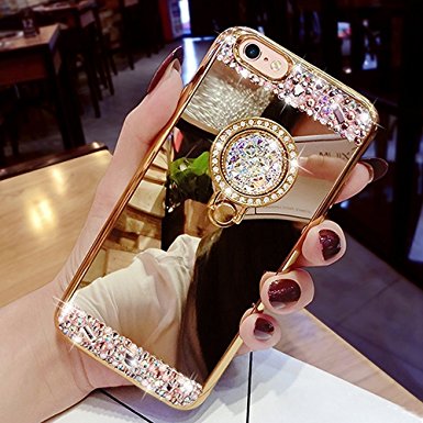 iPhone 6/6s Case, Surpriseyou Luxury Crystal Rhinestone Soft Rubber Bumper Bling Diamond Glitter Mirror Makeup Case with Ring Stand Holder for iPhone 6 & 6s (Gold)