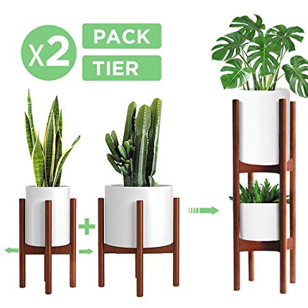 2 Pack Mid Century Modern Plant Stands, Adjustable Width 8" to 12", Indoor Bamboo Plant Stand with 2 Tier Use Method (Pot & Plant Not Included)