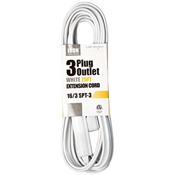 25 Ft White Extension Cord with 3 Electrical Power Outlet - 16/3 Heavy Duty White Cable