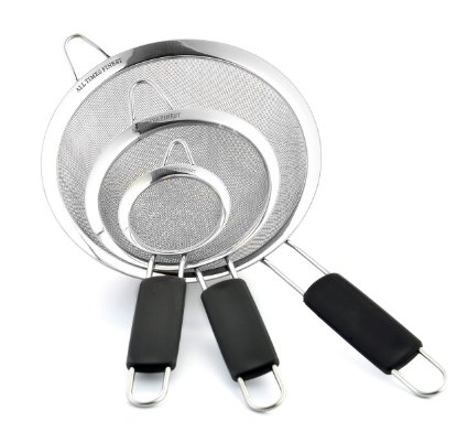 Strongest Stainless Steel Strainers set of 3 ss 304 188 Excellent Quality A Must Have in The Kitchen The Fine Mesh Is Made Eco Friendly and works Great to Sift Dry and Wet Ingredients Eat Healthy and Use this Sieve towards a healthier lifestyle