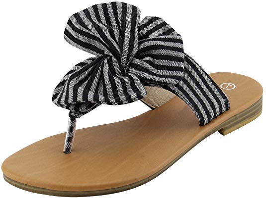 Cambridge Select Women's Slip-On Thong Flip-Flop Striped Knot Bow Flat Sandal