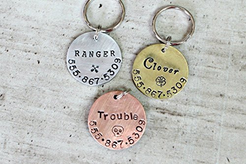 Personalized custom pet tag, backpack zipper pull, Luggage ID tag, or key chain in copper, brass, or silver aluminum 1.25 inch