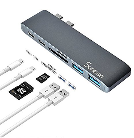 SUNEON Type C Hub, Aluminum USB C Adapter for 2016/2017 MacBook Pro 13” and 15” with 2 USB3.0 Ports,SD/Micro SD Card Reader,Thunderbolt 3 Fast 40GB/S Type C Charger Port and USB C Port(Space Grey)