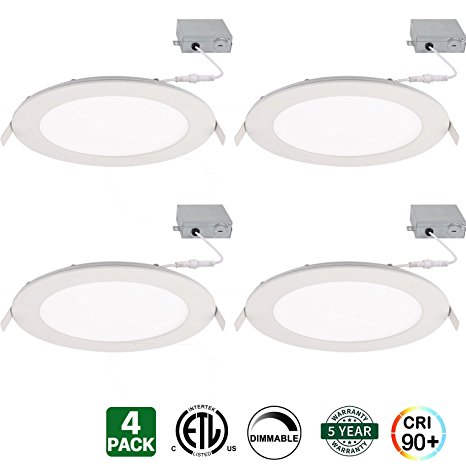 Hykolity 4" Ultra Thin LED Recessed Ceiling Light Dimmable Downlight with Junction Box 12W [60W Equivalent] 3000K Warm White 720lm CRI 90  ETL Listed - Pack of 4