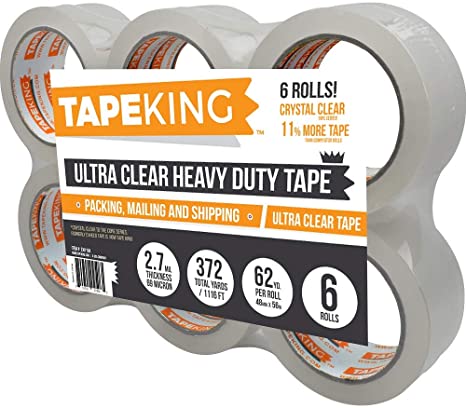 Tape King Crystal Clear Premium Packing Tape Refill 6 Rolls - Ultra Clear, Heavy Duty Packaging, Shipping, Sealing Cartons