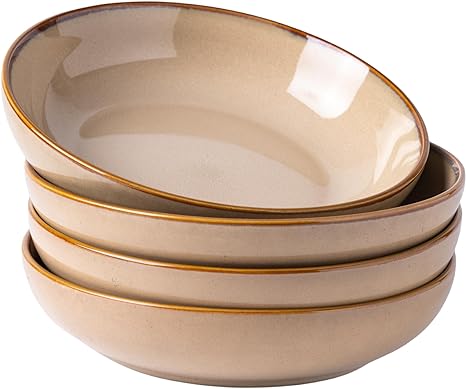 AmorArc 8.5'' Large Pasta Bowls, 36oz Ceramic Pasta Serving Bowls Set of 4 for Kitchen, Wide Bowls for Pasta,Salad,Oatmeal, Microwave Safe, Reactive Glaze-Latte