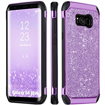 Galaxy S8 Plus Case Glitter, BENTOBEN Bling Luxury Sparkly Hybrid Hard PC Laminated with Shiny Faux Leather Chrome Shockproof Bumper Protective Phone Case for Samsung Galaxy S8 Plus(6.2 inch), Purple