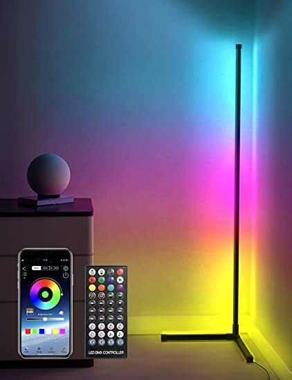 Corner Floor Lamp LED RGB Color Changing Lamp with Bluetooth APP and Remote Control,61” Tall Dimmable Standing Smart Minimalist Lamp, Ambient Mood Night Light for Living Room, Bedroom,Gaming Room