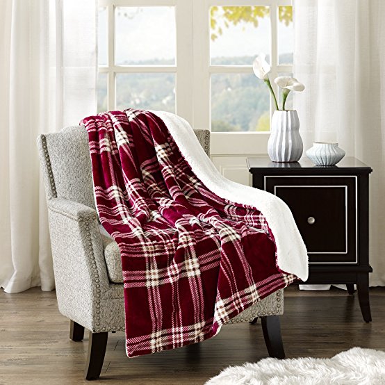 Comfort Spaces - Plush to Sherpa Blanket Throw - 50x60 inches - Plaid - Cranberry