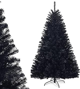 COSTWAY 180cm Black Christmas Tree Artificial Halloween Christmas Tree with 1036 Branches PVC Needles with Folding Metal Stand for Party Decoration (180CM)