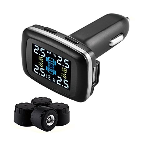 Meipro TPMS tyre Pressure Monitoring System,Cigarette Lighter DIY Real Time tyre Pressure Gauge with USB Charger Port and 4 External Sensors