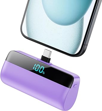 Mini Portable Charger with USB-C Connector 5200mAh,Compact LCD Display Power Bank,Cute Battery Pack Compatible with iPhone 15/15 Plus/15 Pro/15 Pro Max, Samsung S22/23, Android Phone,iPad etc-Purple