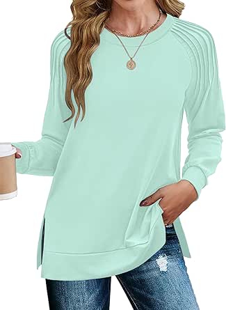 Zeagoo Womens Crewneck Sweatshirt Long Sleeve Tunic Tops Dressy Casual Fall 2024 Fashion Trendy Pleated Shirts Loose Fit