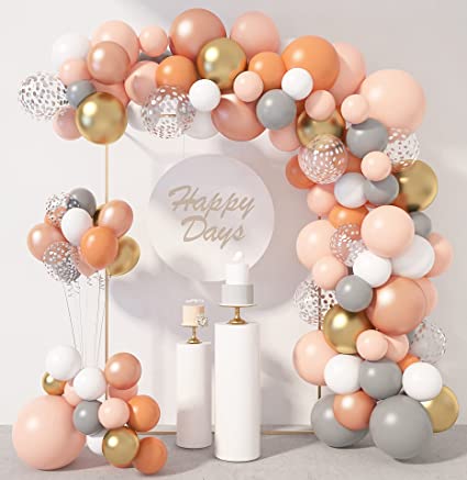 129 Pcs Blush Balloons Garland Arch Kit 12"10"5" Peach Pastel Orange Rose Gold Gray White Balloons Confetti Metallic Latex Balloons for Wedding Bridal Shower Birthday Party Decorations with 4Pcs Tools