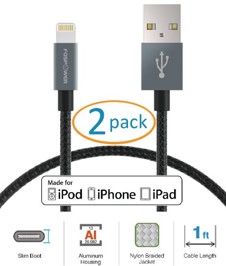MFI Lightning Cable [2 Packs - 1FT], FosPower Apple MFI 8-pin [Alunimum Connector | Nylon Braided Jacket] Sync Charge Data Cable for iPhone, iPad, iPad Mini, iPod Touch, iPod Nano (Gray)