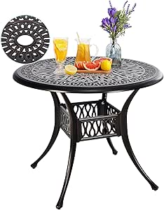 Giantex Bistro Table, Cast Aluminum Round Dining Table, 36” Tabletop 2” Umbrella Pole Hole, Weather Resistant for Outdoor Garden Poolside Backyard Patio (Red Copper)