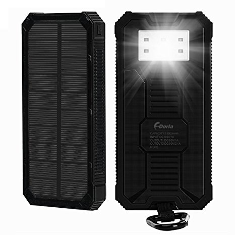 15000mAh Solar Charger F.Dorla Portable Power Bank Solar Phone Charger Waterproof Dual USB Battery Charger External Backup Battery with Flashlight for Cellphone iPhone Samsung Android iPad (Black)