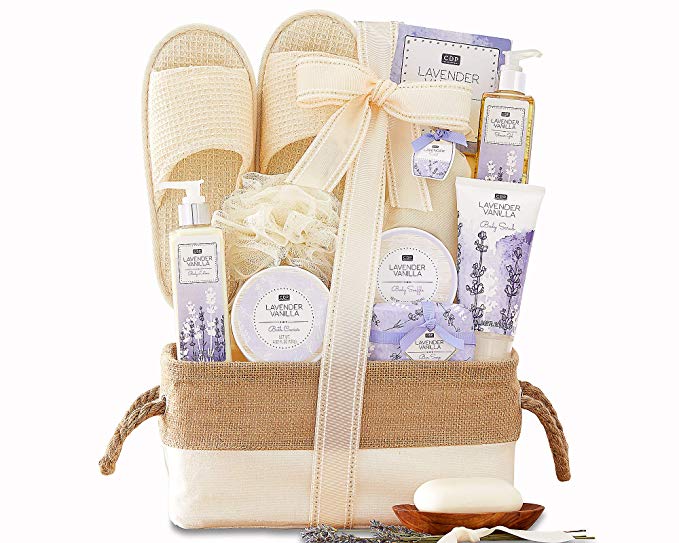 Wine Country Gift Baskets A Day Off Spa Gift Basket For Her Women Men Lavender Vanilla Scented Spa Gift Baskets Bath & Body Gift Set Lovely Chic Lined Basket Slippers and more!