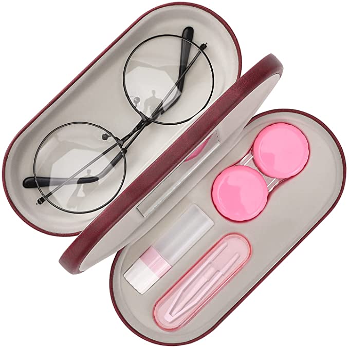 MoKo Double Eyeglass Case, Contact Lens Case with Mirror Tweezers Remover, 2 in 1 Double Sided Portable Contact Lens Box