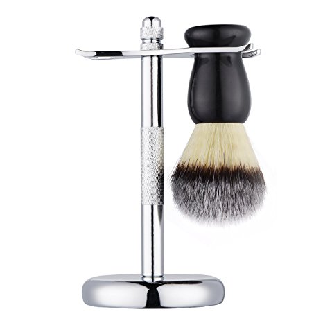 ElleSye Shaving Brush and Razor Stand Set with Premium 100% Pure Badger - Silver