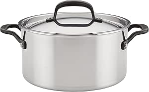 KitchenAid 5-Ply Clad Polished Stainless Steel Stock Pot/Stockpot with Lid, 6 Quart